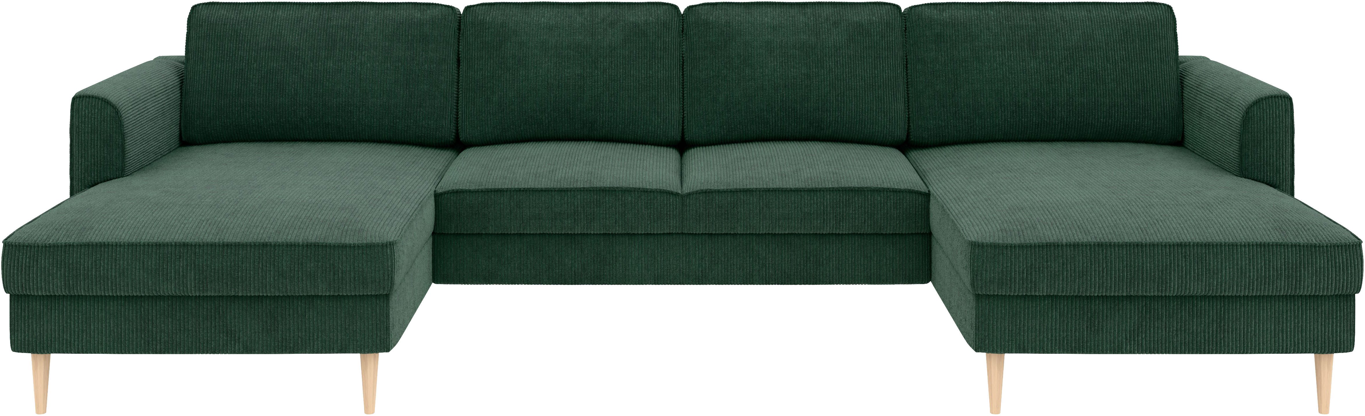 Home affaire Wohnlandschaft Booster, whlw. mit Schlaffunktion & Bettkasten, Fuß Buche lackiert, Sofa in U-Form, Breite 305 cm, in Cord oder Struktur