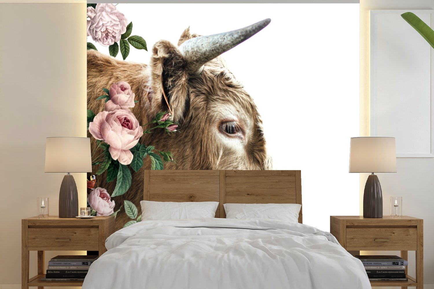 MuchoWow Fototapete Schottischer Highlander - Schottische Kuh - Blumen, Matt, bedruckt, (5 St), Vinyl Tapete für Wohnzimmer oder Schlafzimmer, Wandtapete