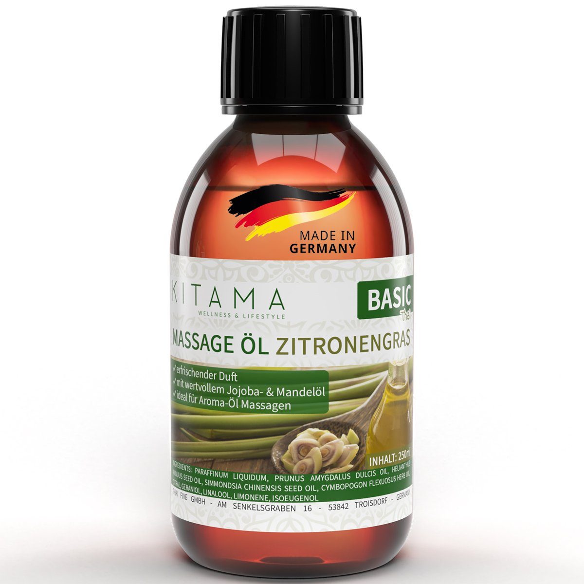 Kitama Massageöl mit Aroma - Körper-Öl für Massagen Pflegeöl Aroma-Öl Thai-Öl 250ml, Zitronengras