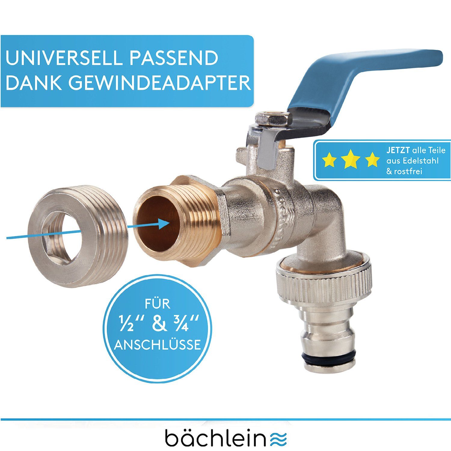 Bächlein Absperrventil Wasserhahn für den Garten - inkl. Adapter und PTFE-Tape