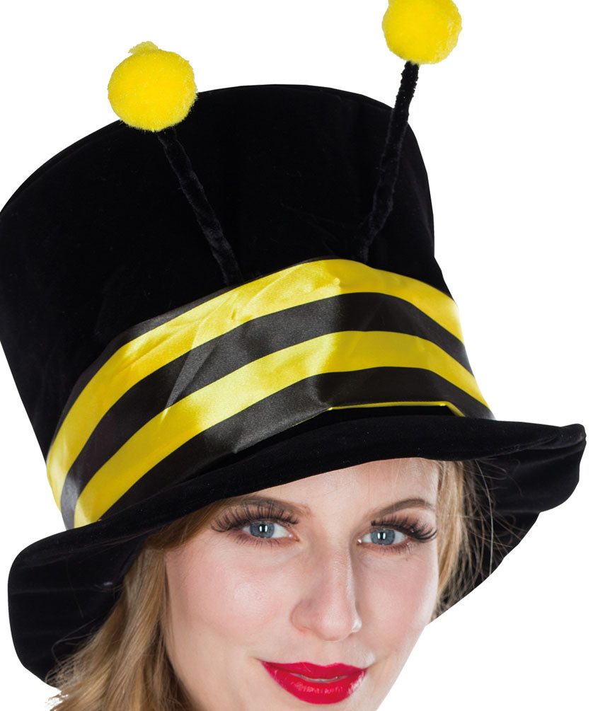 Karneval-Klamotten Kostüm Bienen Hut Zylinder Samt schwarz gelb mit Fühler, passend zu Ihren Bienenkostüm Fasching Karneval