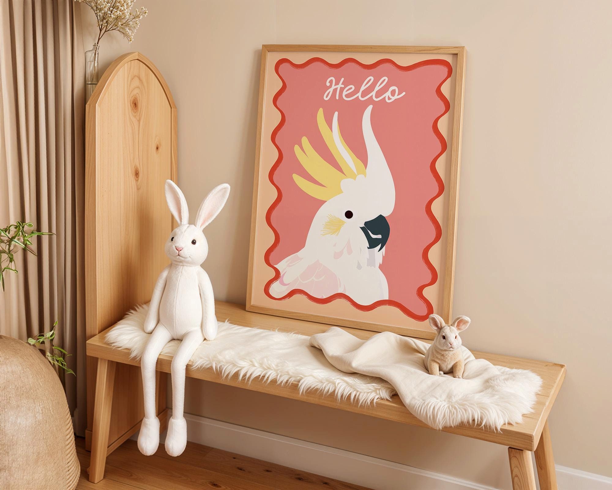 JUSTGOODMOOD Poster Premium ® Vogel Kakadu mit Hello Schriftzug Kinderzimmer, (1 St), verschiedene Größen wählbar
