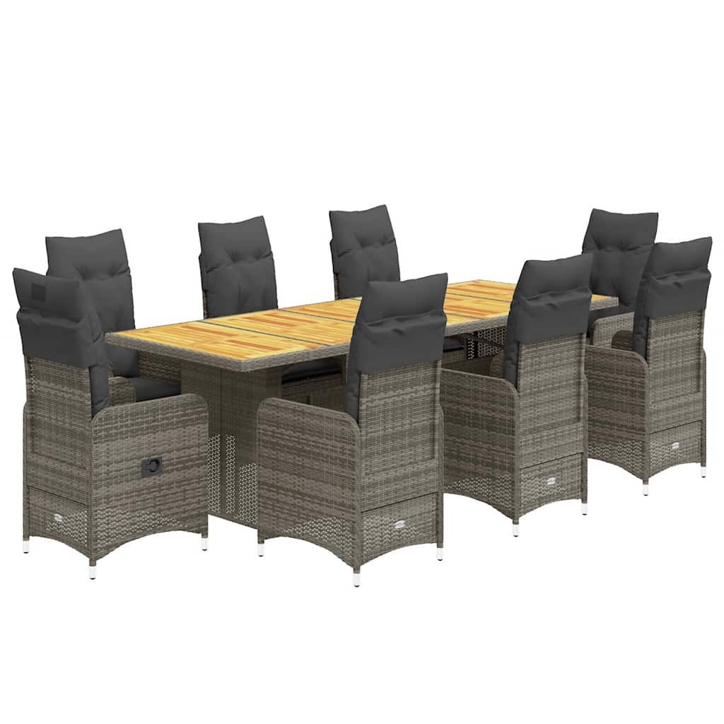 vidaXL Gartenlounge-Set 9-tlg. Garten-Bistro-Set mit Kissen Grau Poly Rattan, (8-tlg)