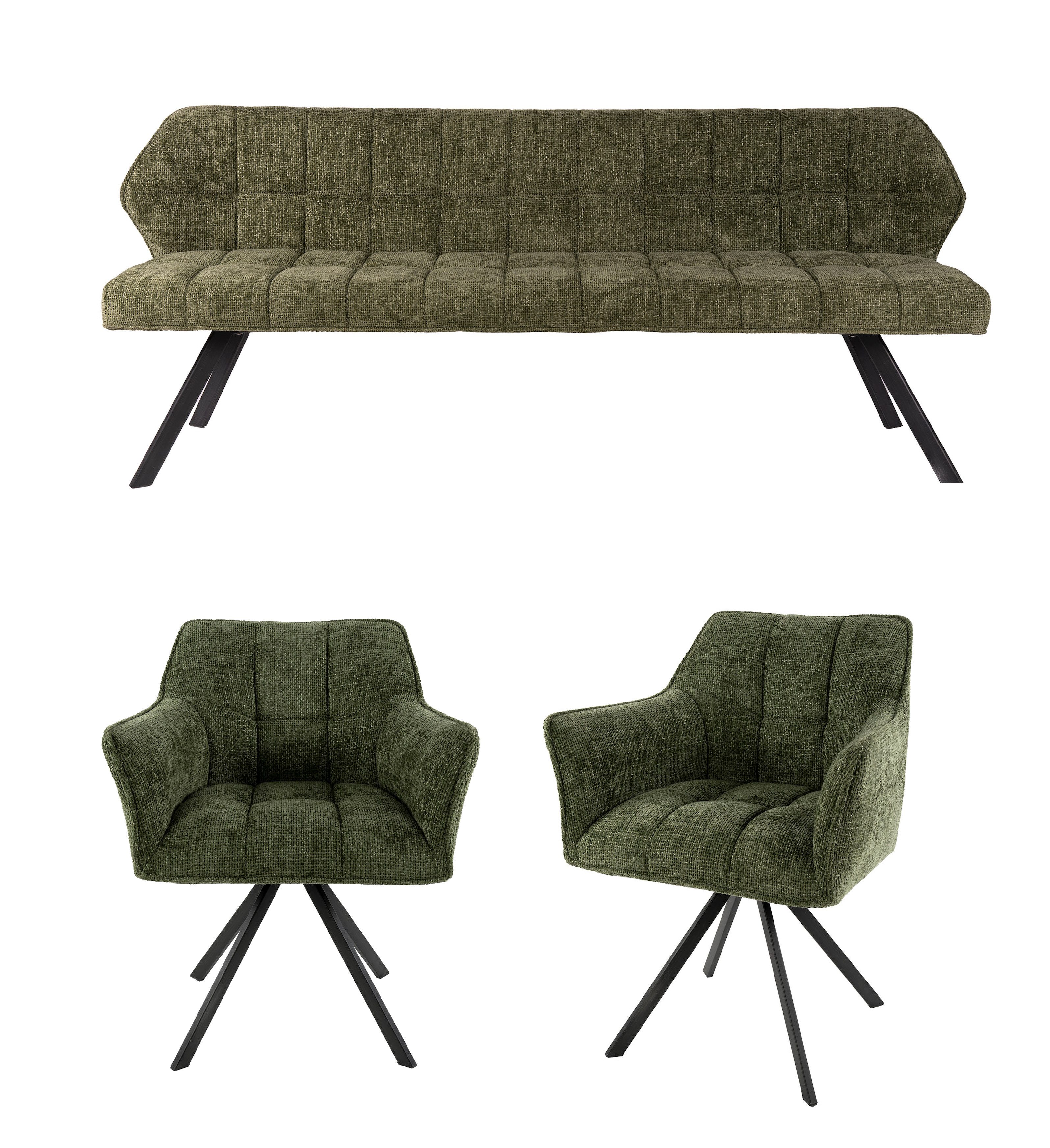 Vintagehaus Polsterbank Set Esstischbank Raster + 2 Armlehnstühle Samt oder Strukturstoff (3 teiliges Set), Frei im Raum aufstellbar