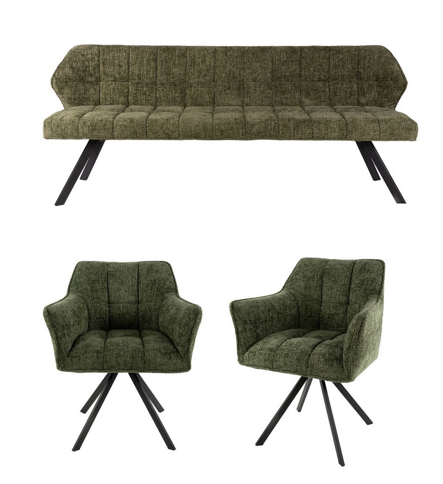 Vintagehaus Essbank Essgruppe Esstischbank + 2 Armlehnstühle Samt/Strukturstoff Raster (3 teiliges Set), Frei im Raum aufstellbar