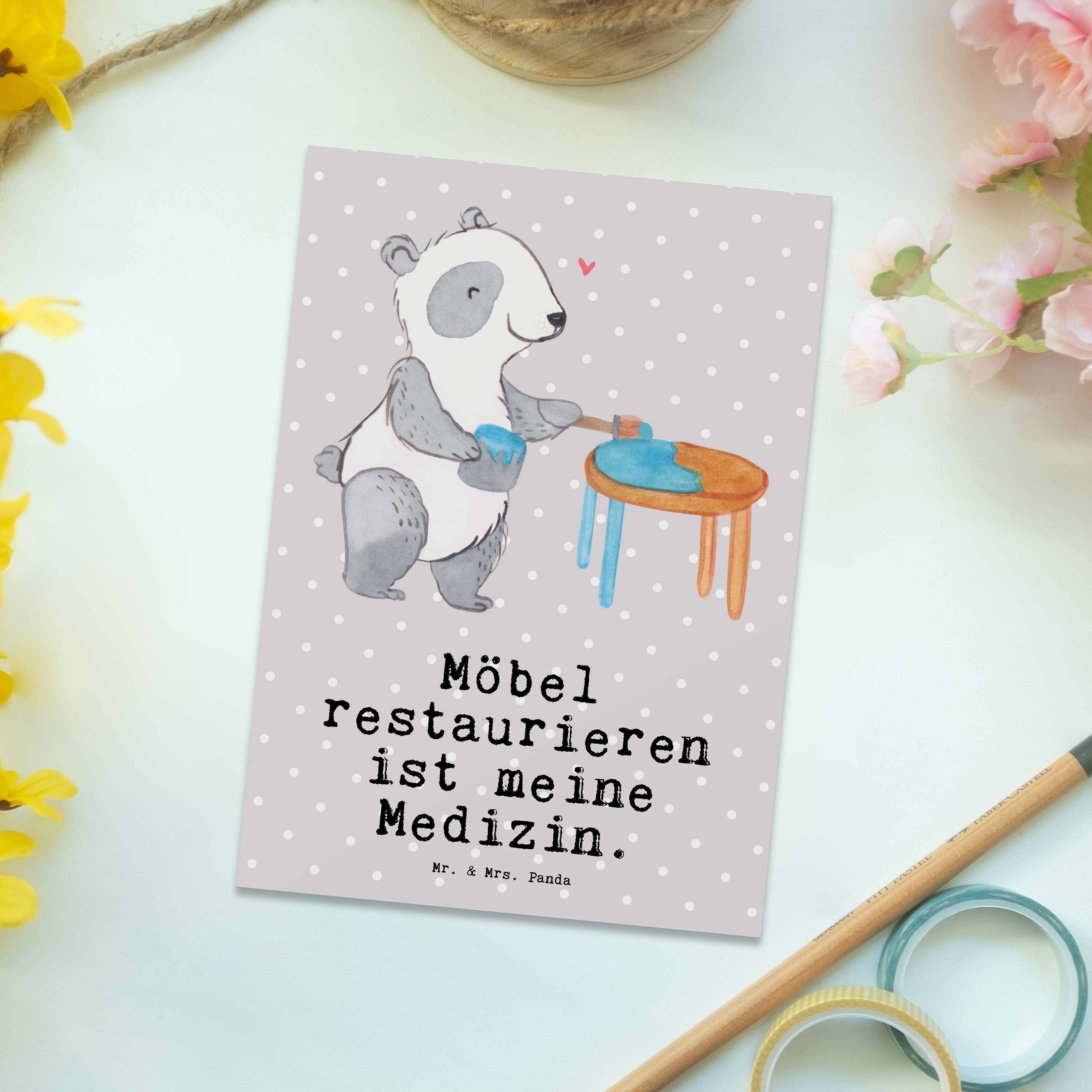 Postkarte Mrs. - Pastell Grau Mr. Ei Panda Hobby, - & Geschenk, restaurieren Möbel Panda Medizin