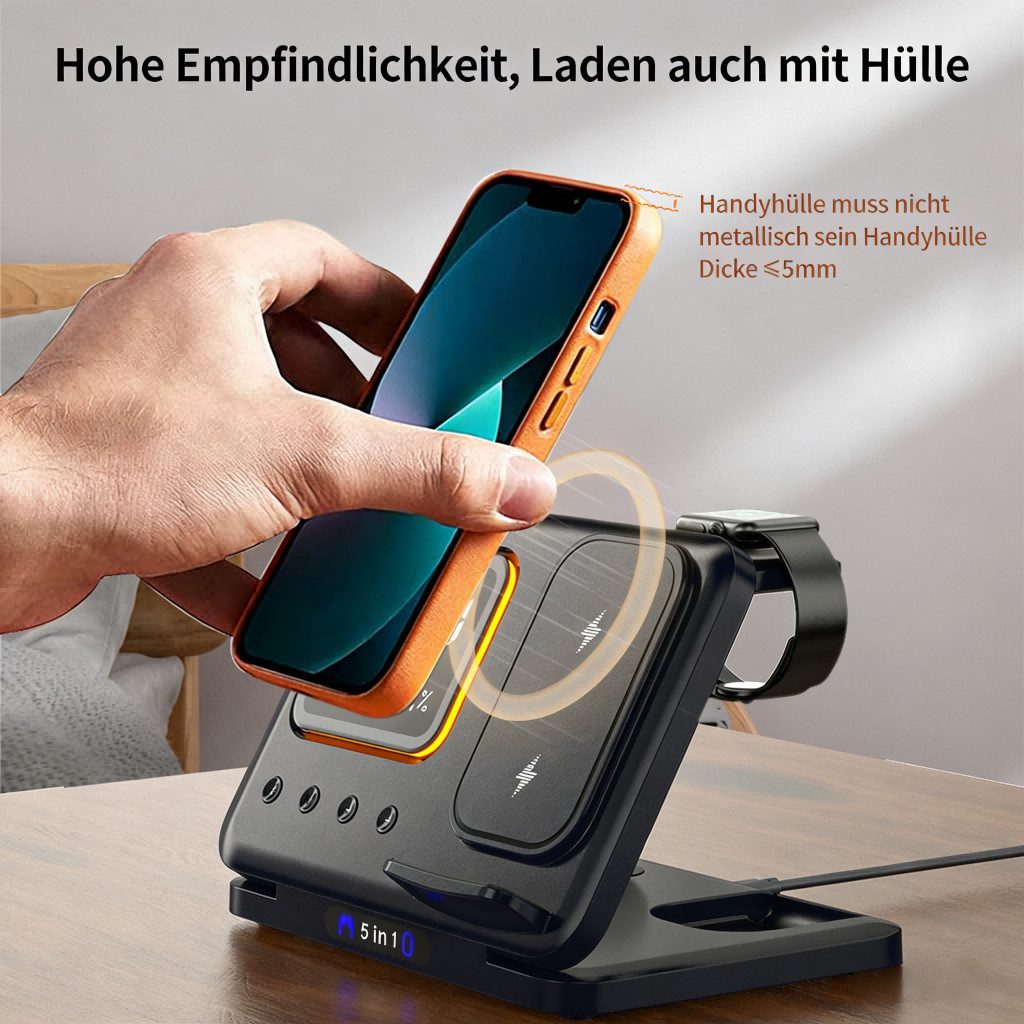 ibettertec Ladegerät,Multi-funktionales 5-in-1 Wireless Charger Ladestation (Digitaler Wecker mit 15W Schnellladung für Apple Watch, Kabellose Ladestation mit LED Nachtlicht und Temperaturanzeige)
