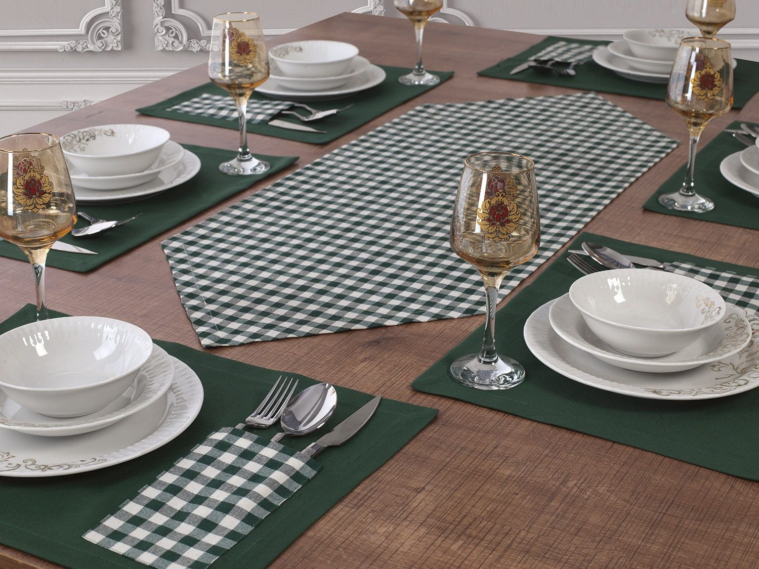 Ekershop Tischläufer und 6 Platz-Matten Set Tischset Platzset Platzdecken Grün Kariert (Kariert)