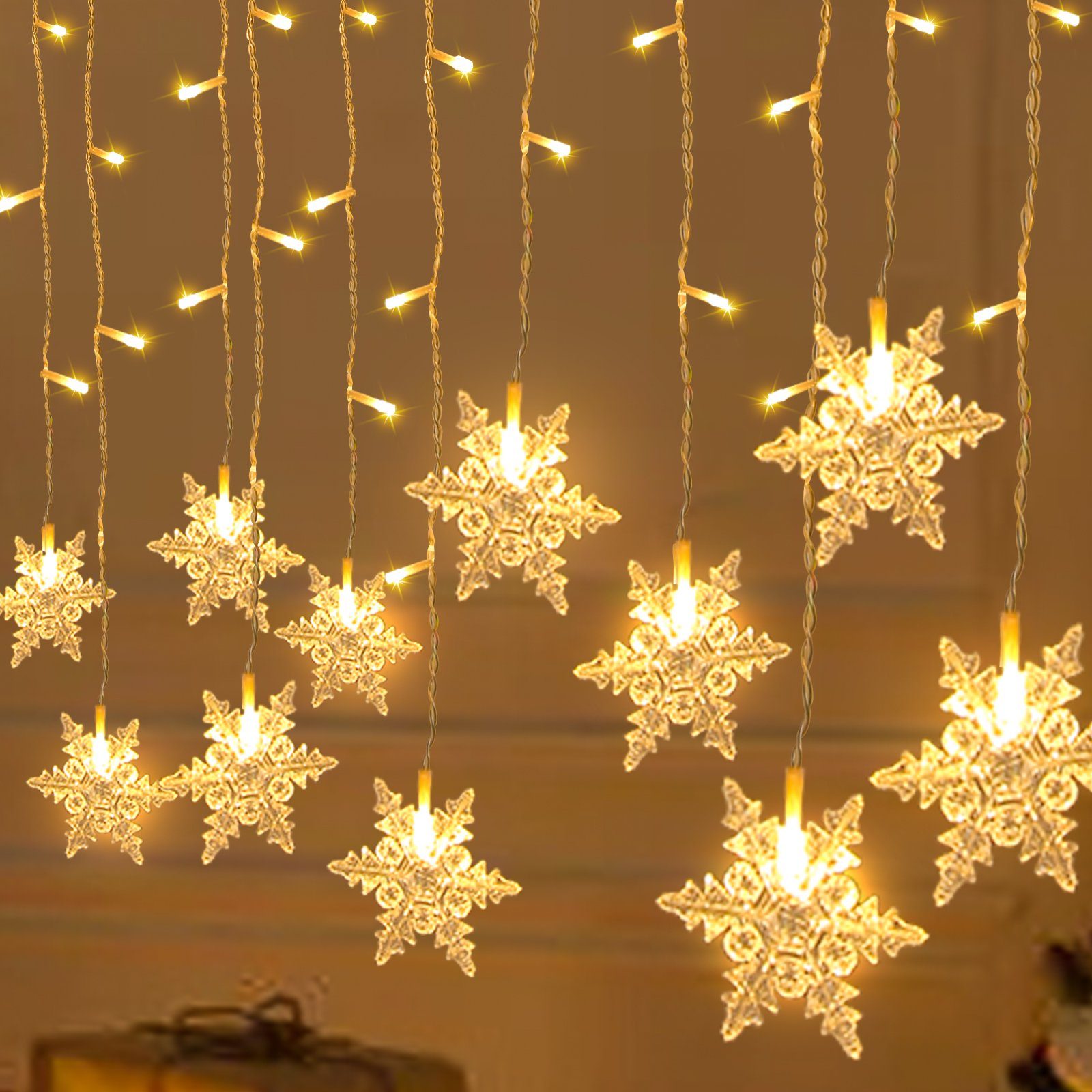 Gimisgu LED-Lichterkette LED Lichtervorhang Schneeflocke Weihnachten Deko 8 Modi Party Außen, 96-flammig Warmweiß