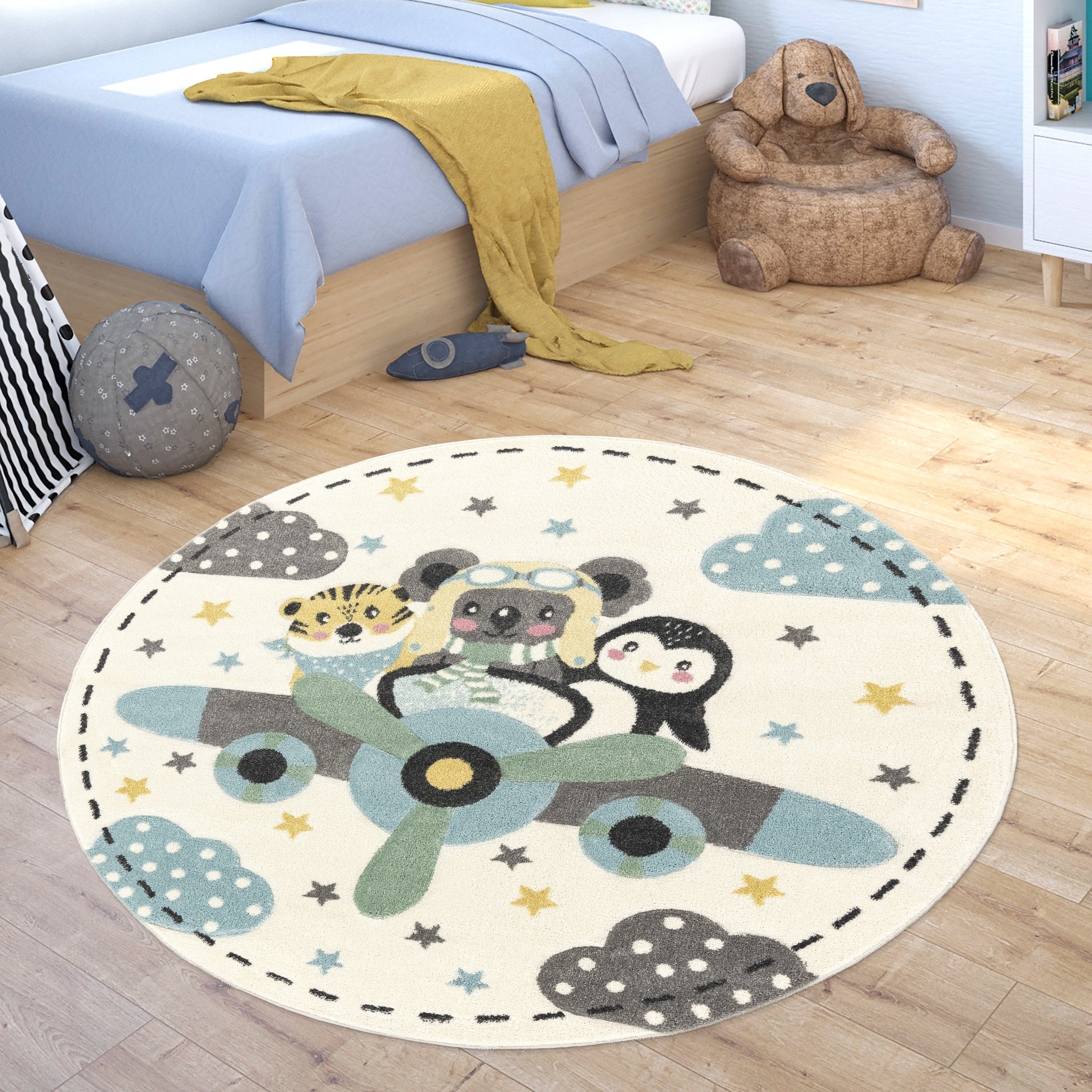Paco Home Kinderteppich Fino 332, rund, Höhe: 16 mm, 3D-Design, niedliches Tier Motiv, Pastell-Farben, Kinderzimmer