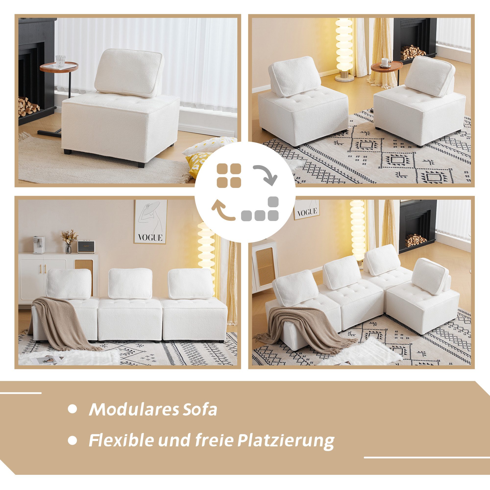 i@home Ecksofa,Einzelsofa, Wohnzimmer-Modulsofa, Freizeitsessel, armloser Stuhl, 1 Teile, Bis 150 kg belastbar, Teddy, Weiß