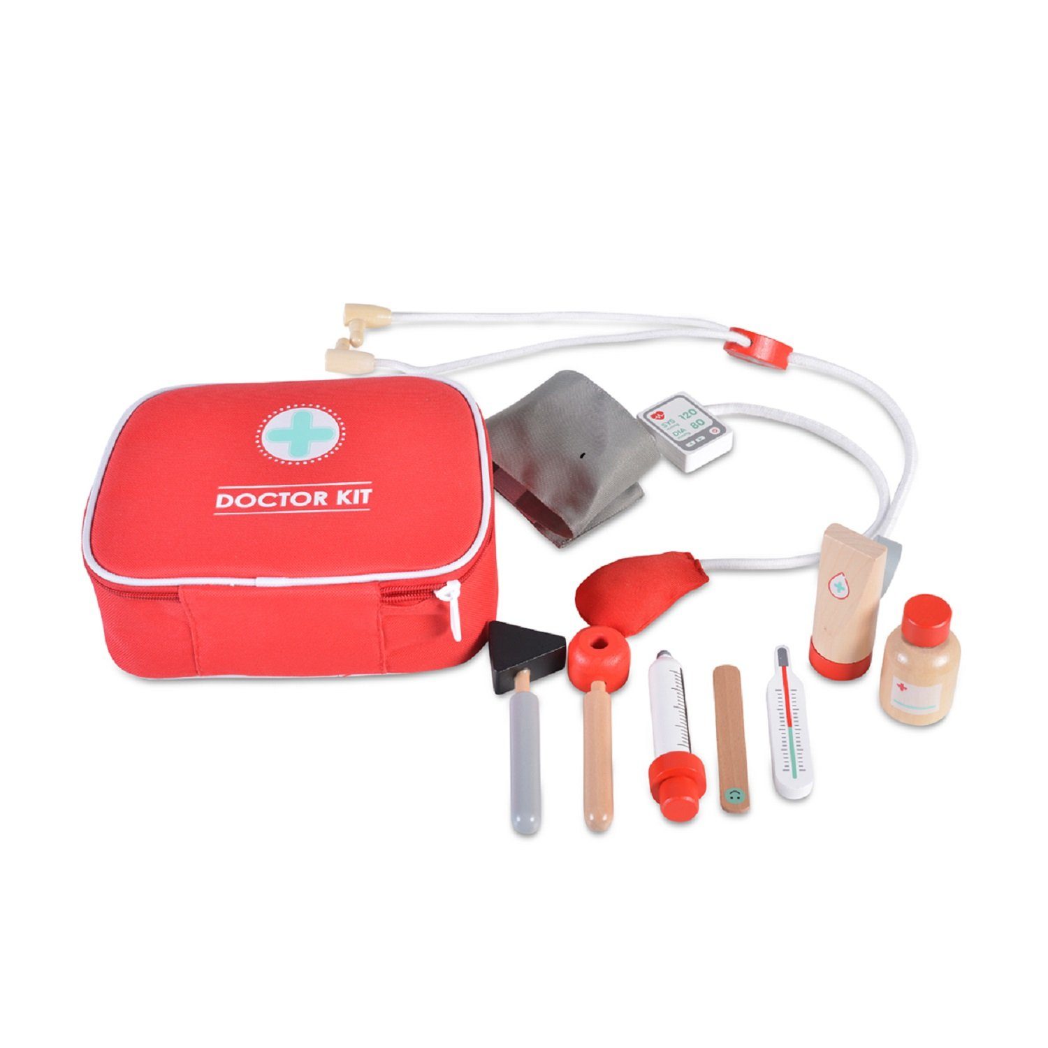 Moni Spielzeug-Arztkoffer Holzspielzeug Erste Hilfe Set, 4501 Arztkoffer, 10-tlg, Tasche, Thermometer