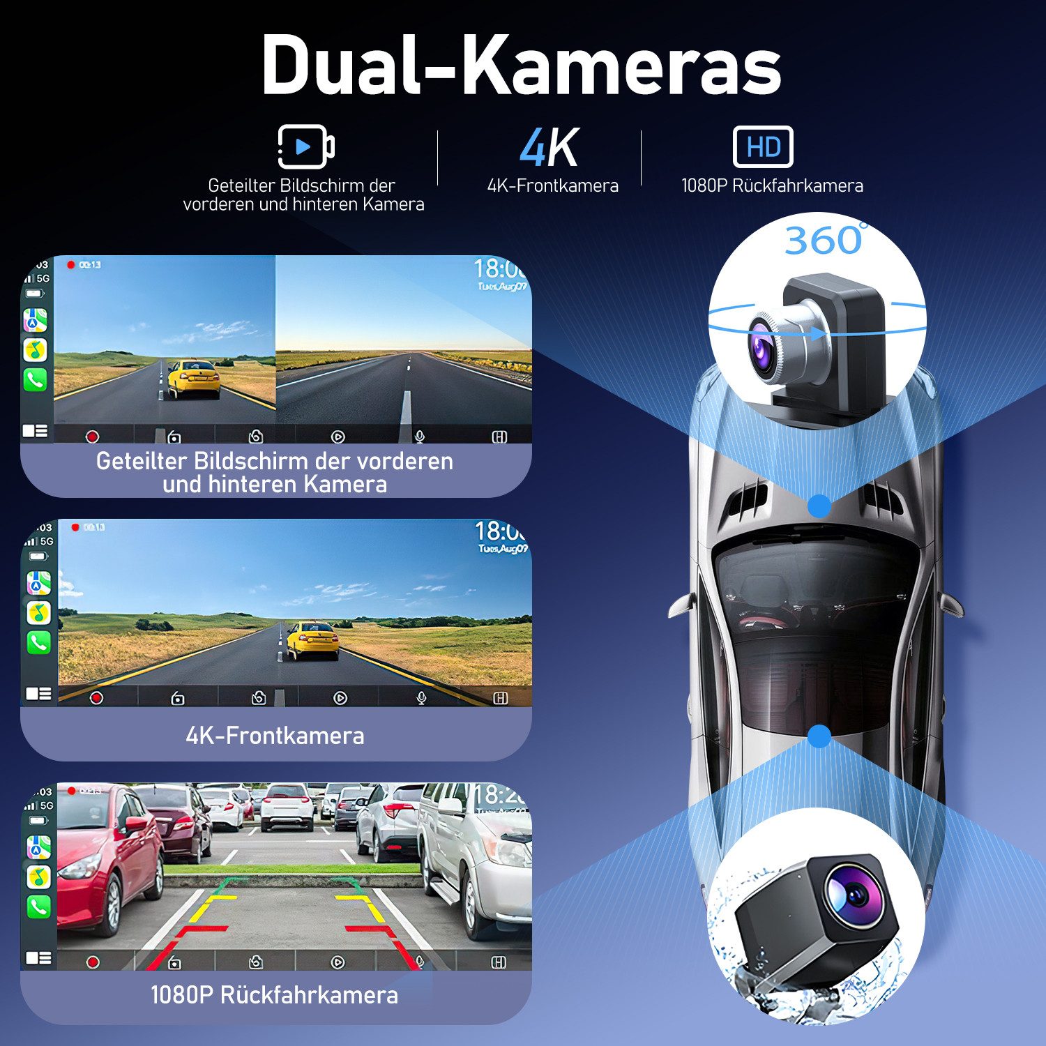 ibettertec Dashcam Auto, Autokamera,Kamera Carplay mit GPS Navigationsgerät Dashcam (1600*1600 HD, WLAN (Wi-Fi), apple carplay, Android Auto, GPS-Navigation,Car-Audio-Receiver,Sprachsteuerung, 10.26 Zoll,für Auto LKW PKW,Wohnmobil Auto-Stereo-Touchscreen)