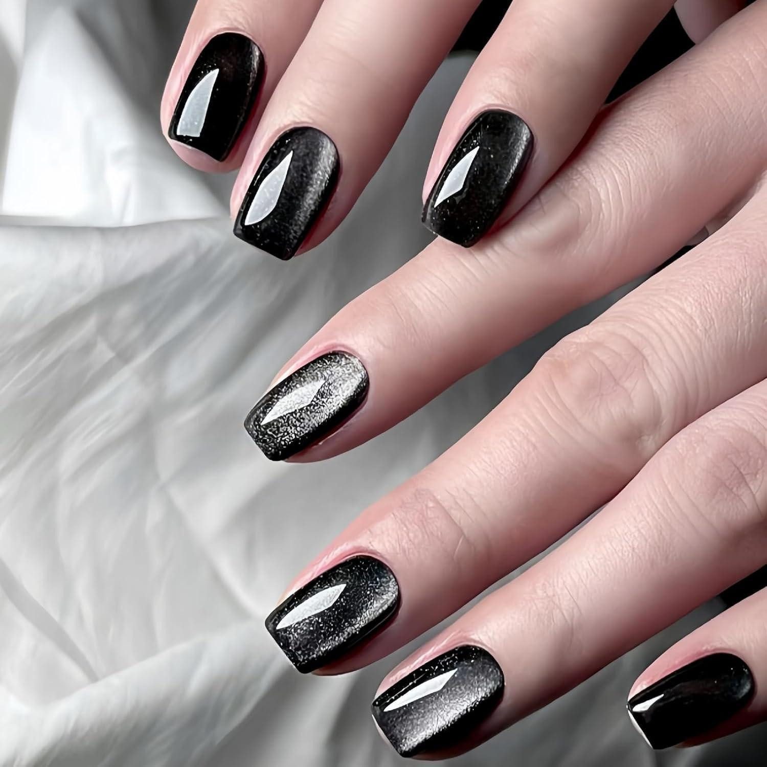 LuxusKollektion Kunstfingernägel Falsche Nägel 24 Stück Kurz Eckig Aufkleben French Schwarz Katzenauge