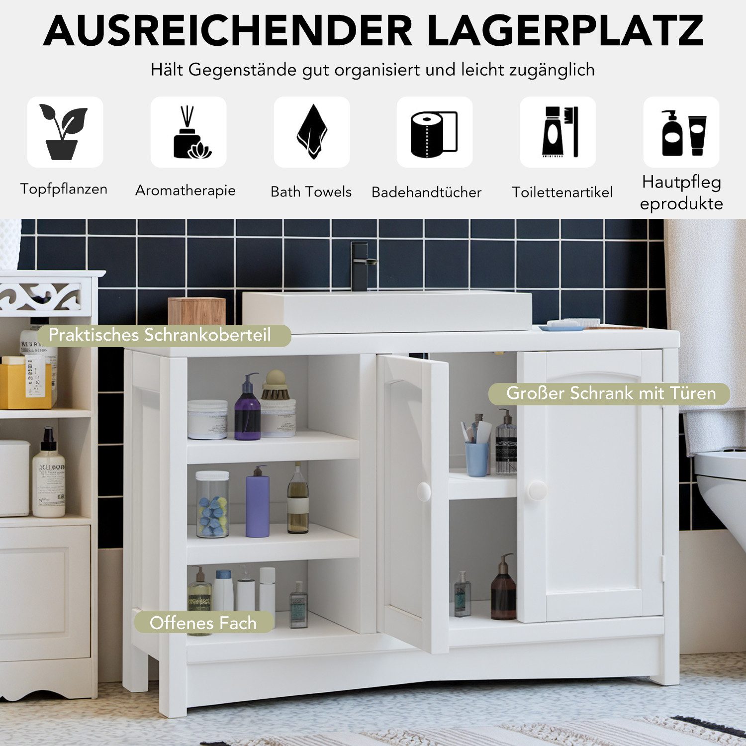 oyajia Waschbeckenunterschrank Unterschrank Badezimmerschrank (Badezimmerschrank mit Tür und 3 Ablagen Badschrank Badmöbel Waschtisch) extra lang, offene Fächer, höhenverstellbare Ablagen