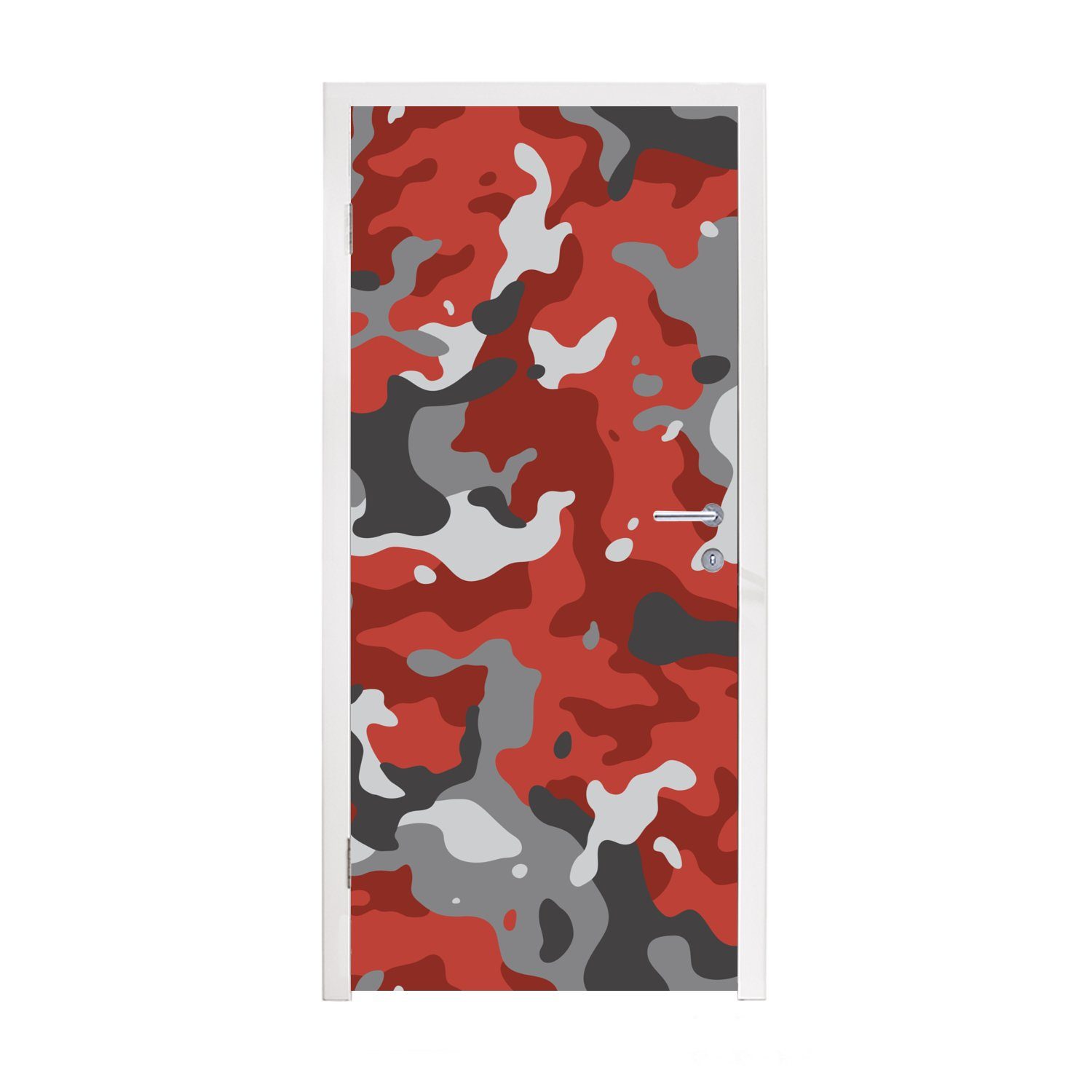 MuchoWow Türtapete Rot mit grauem Camouflage-Muster, Matt, bedruckt, (1 St), Fototapete für Tür, Türaufkleber, 75x205 cm