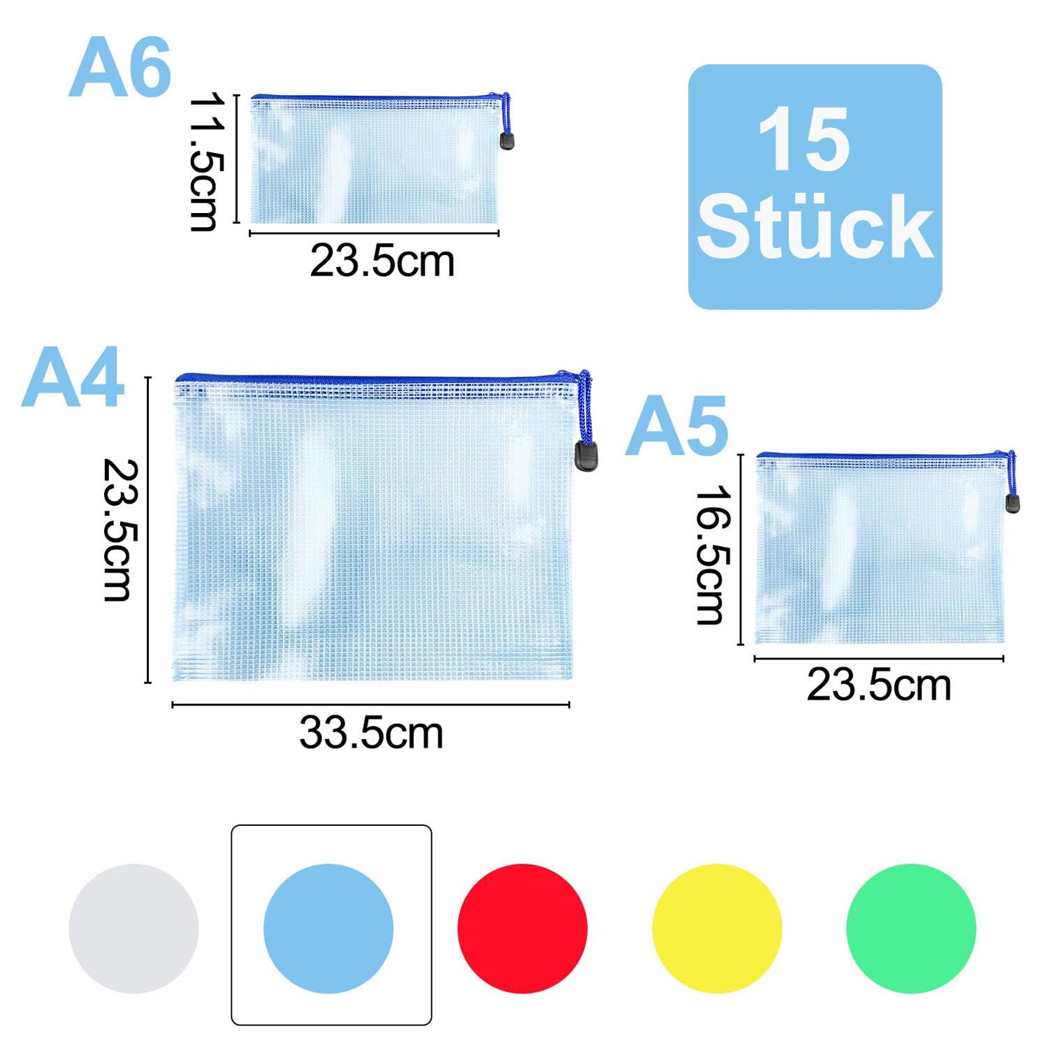 SURFOU Dokumententasche Dokumentenablage A4+A5+A6 Dokumentenmappe Zip Tasche 15 Stück (15 Stück wasserdichte Dokumententaschen Durchsichtige Mesh-Dokumentenmappen aus PVC, 15-tlg., A4+A5+A6 Dokumententasche mit Reißverschluss, 5 Farben, 3 Größen), Feuchtigkeitsschutz für Quittungen, Pässe & Bürounterlagen