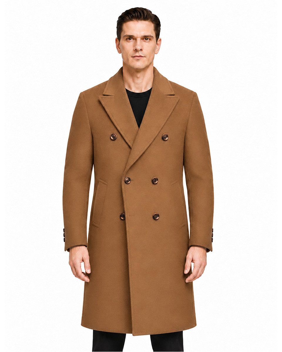 Allthemen Wollmantel Herren Wollmantel Modern Fit Langer Doppelreiher Wintermantel Business weiches und Hochwertiges Material, mit Knopfleiste und Rückenschlitz