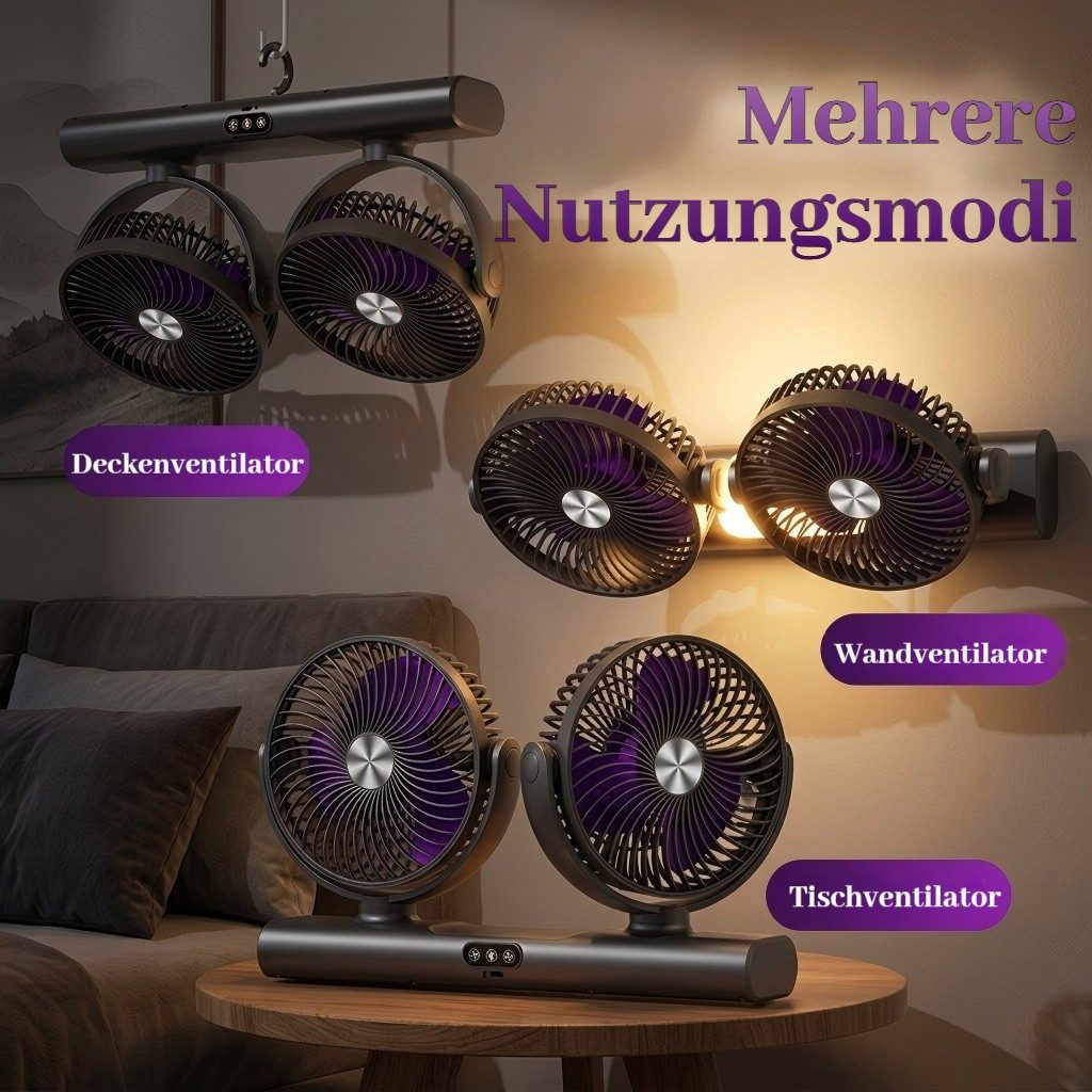 VIVIHEYDAY Akku-Ventilator Doppelkopf-Ventilator, wiederaufladbarer USB-Ventilator mit licht, & Haken, 360° drehbar, Auto-Luftzirkulator für Zuhause, Camping
