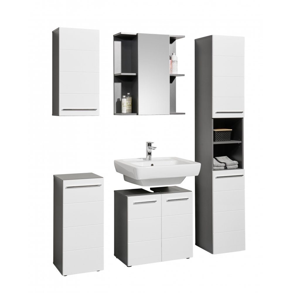 Bega Consult Badezimmerspiegelschrank 5tlg. Badezimmer GLOSS in Anthrazit / Weiß Hochglanz ca. 150 cm breit