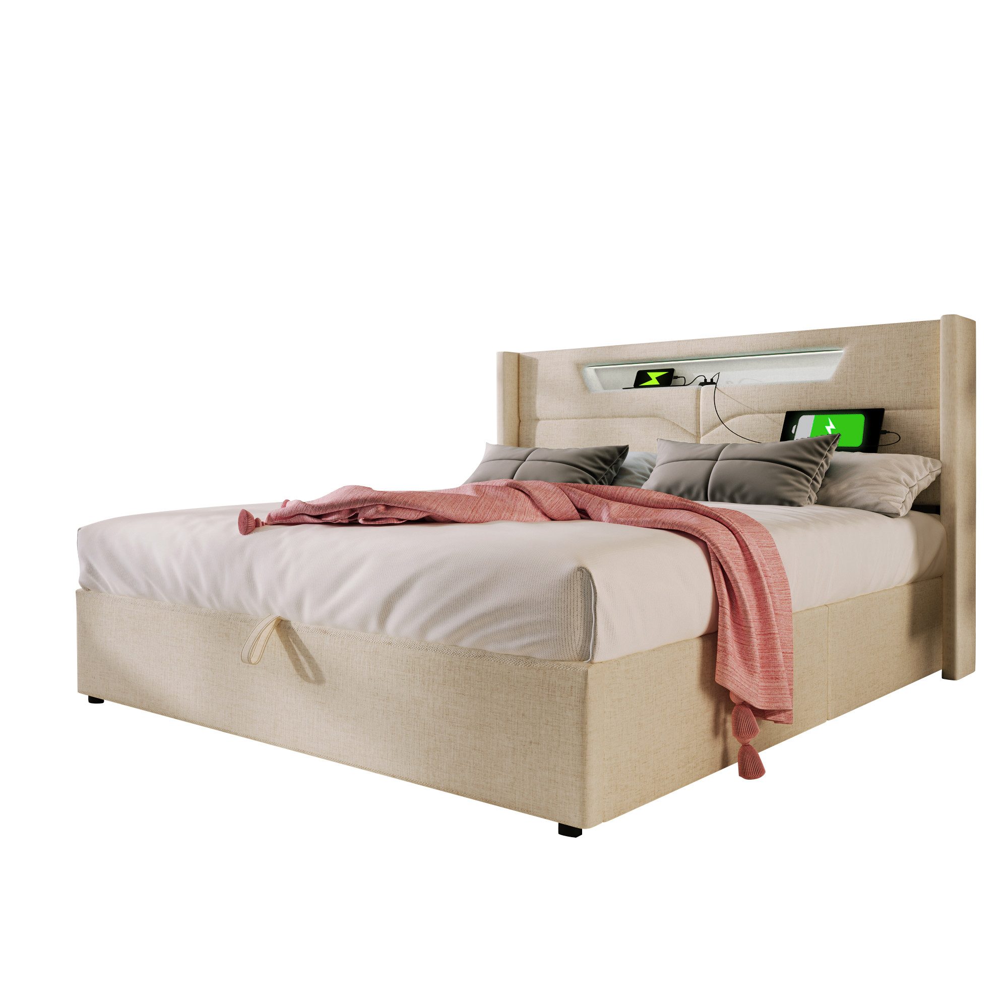 OKWISH Polsterbett LED Doppelbett mit USB günstig online kaufen
