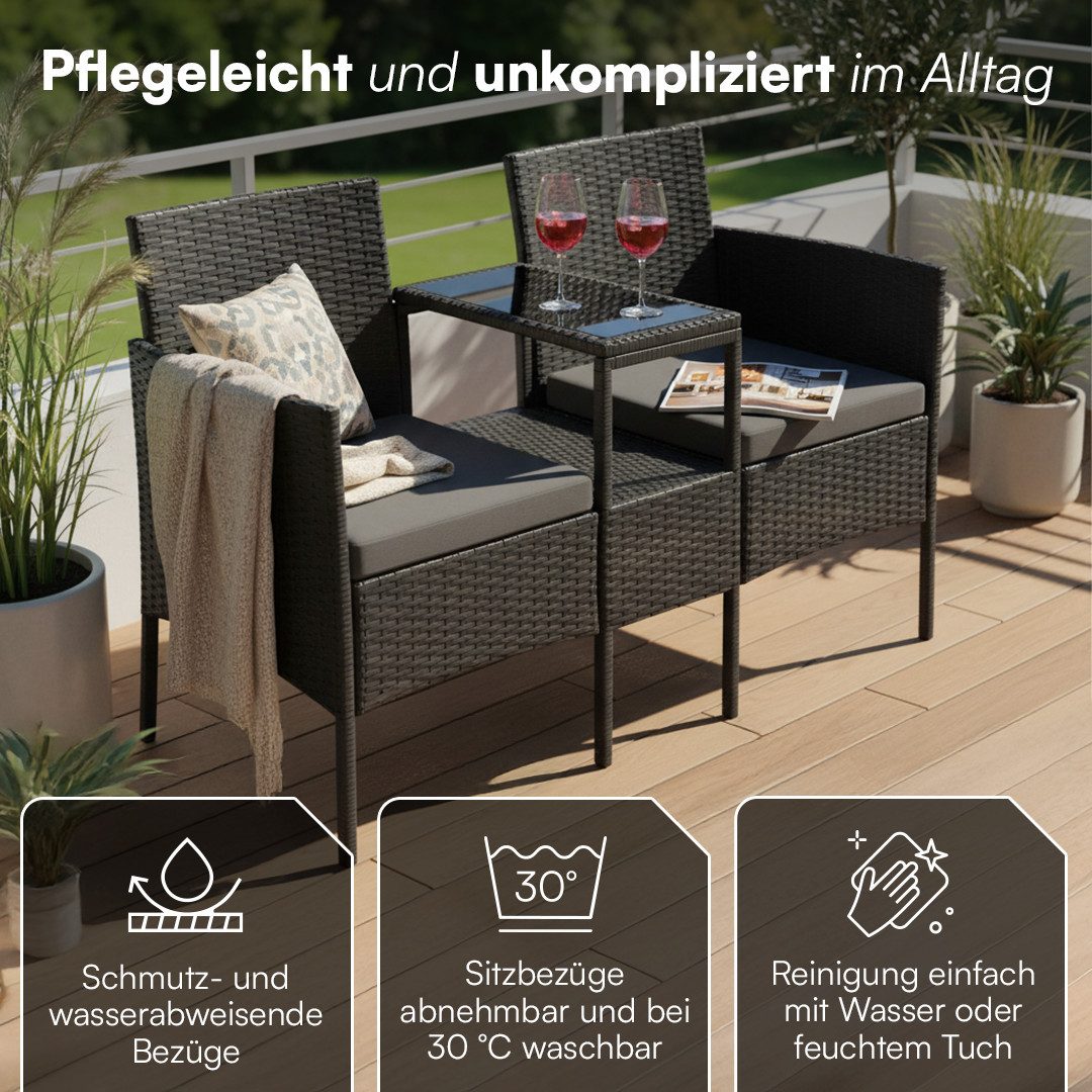 STEELSØN Balkonset Velara 2er Sofa mit Mitteltisch & Sitzpolstern, (schwarz/anthrazit), Rattan Gartenbank, stabiles Stahlgestell, wetterfest & pfegeleicht