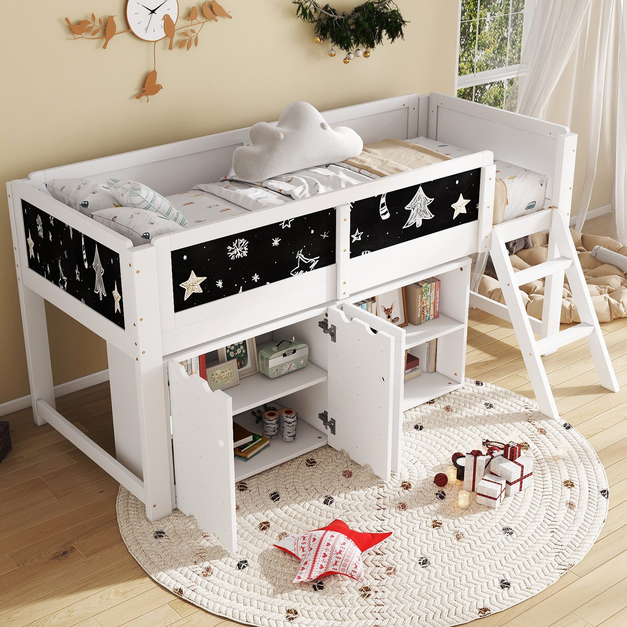 SOFTWEARY Hochbett mit Lattenrost, Leiter und Schrank (90x200 cm) Kinderbett mit Rausfallschutz, Holzbett, Einzelbett