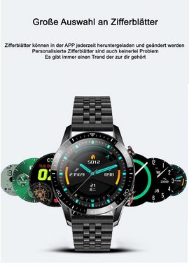 TPFNet SW19 mit Edelstahl Armband - individuelles Display Smartwatch (Android), EKG Armbanduhr mit Musiksteuerung, Herzfrequenz, Schrittzähler, Kalorien, Social Media etc. - Schwarz