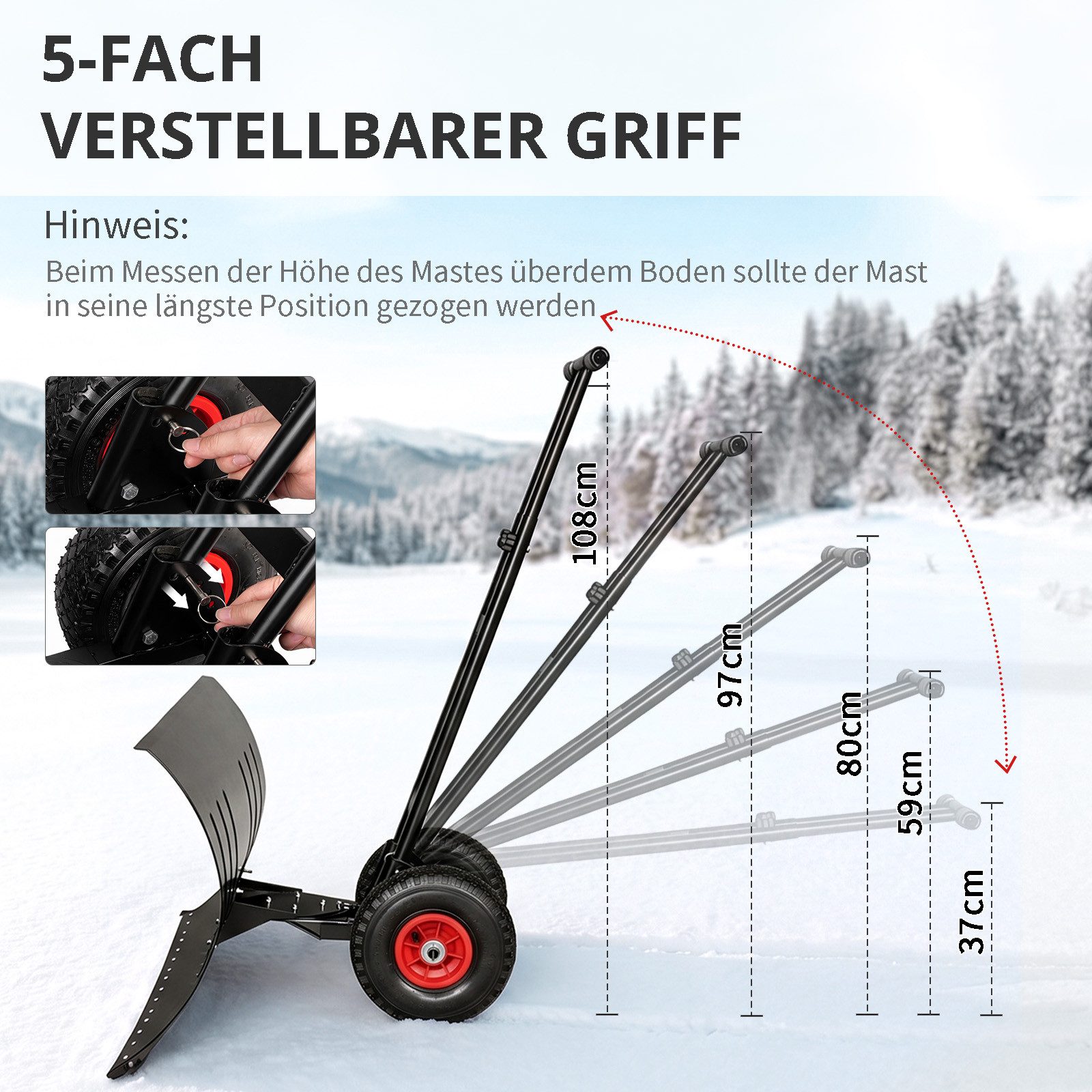 LALAHO Schneeschieber Schneeschaufel mit Rädern & Stiel – Stahlschaufel, 92 cm Arbeitsbreite, mit 100 cm langem Stiel, verstellbare Schubstange, ergonomisch, fü – Bild 3 von 5