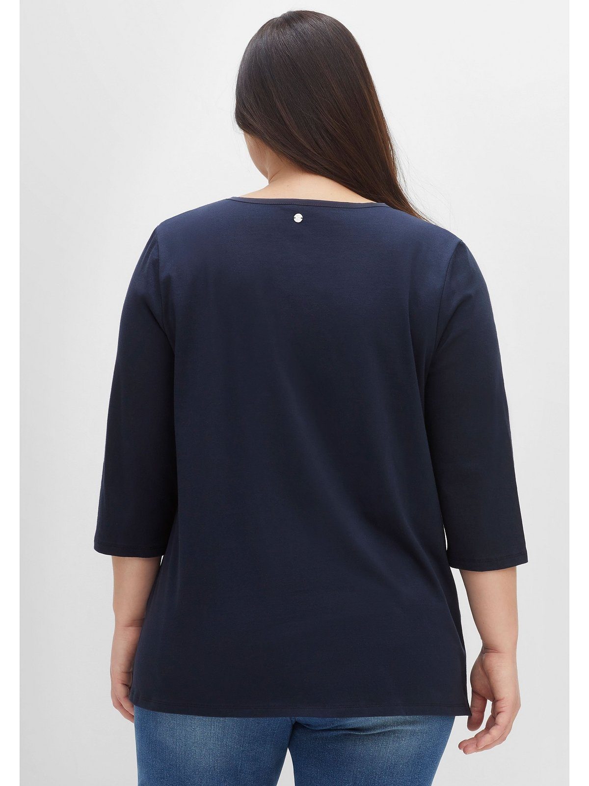Sheego 3/4-Arm-Shirt Große mit Kellerfalte und V-Ausschnitt Größen nachtblau