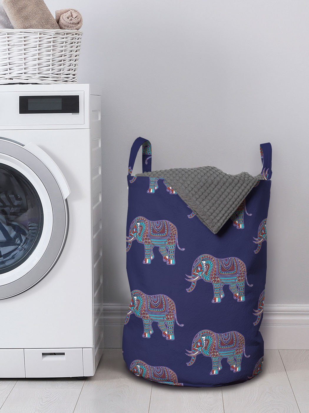 Wäschekorb Bohemien Elefant Tribal-Motiv mit mit für Wäschesäckchen Kordelzugverschluss Waschsalons, Griffen Abakuhaus