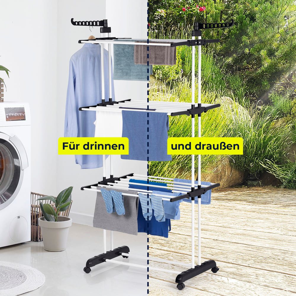 EASYmaxx Wäscheständer Wäscheständer mit Rollen & 3 Etagen - klappbar & mit Seitenflügeln, Turmwäscheständer für drinnen und draußen - für ca. 14 Kleiderbügel – Bild 4 von 5