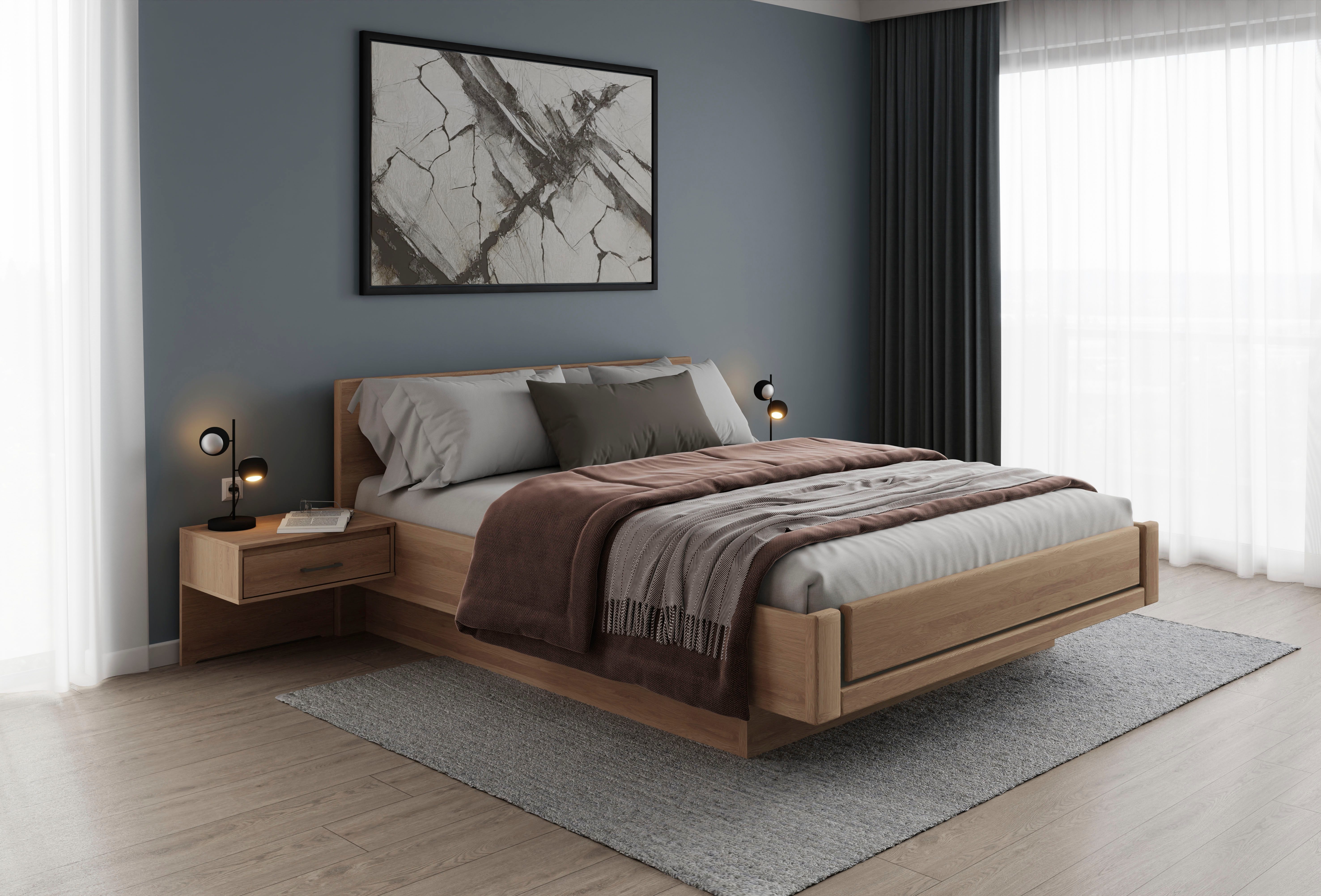 Musterring Holzbett Sorrent, Bettgestell, Bettrahmen, teilmassiv Eiche (MADE IN GERMANY), Eiche teilmassiv, Liegehöhenverstellung, in schwebender Optik