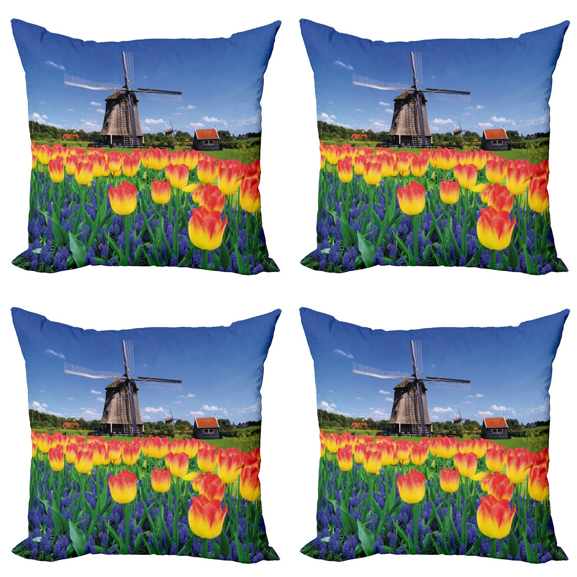 (4 Blooming Abakuhaus Stück), Tulip Modern Windmill Accent Kissenbezüge Doppelseitiger Blume Digitaldruck,