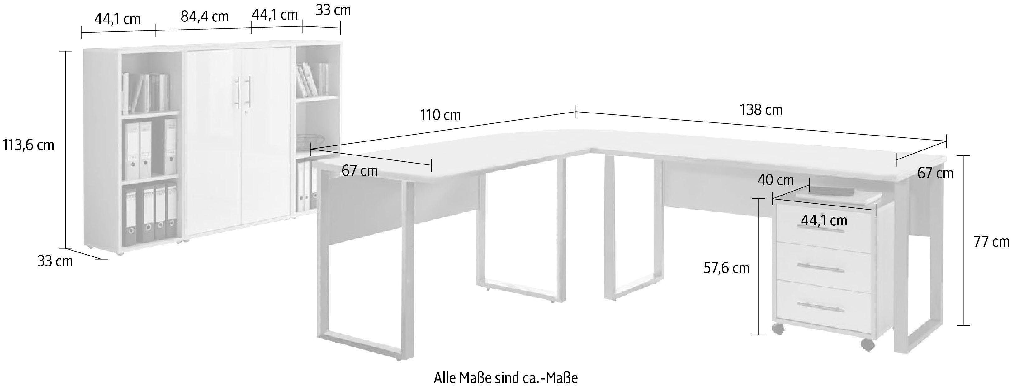 Büro-Set Hochglanz 2, Möbel (Set, 6-St) grau/weiß Office Tabor BMG