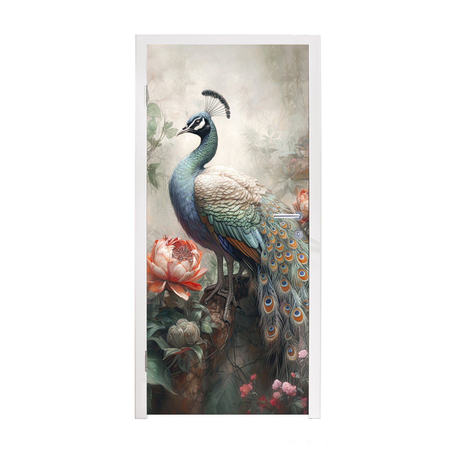 MuchoWow Türtapete Pfau - Pfauenfedern - Vogel - Dschungel - Blumen, Matt, bedruckt, (1 St), Fototapete für Tür, Türaufkleber, 75x205 cm