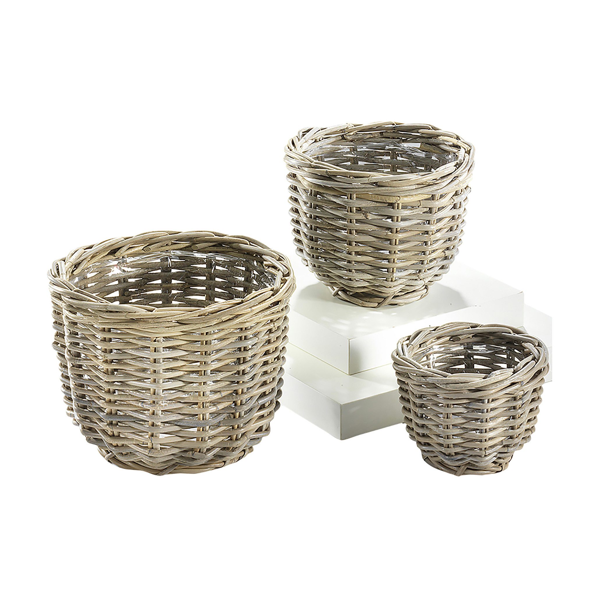 Kobolo Pflanzkübel Pflanzkorb rund Rattan kubu grau 3-teilig (3 verschiedene Größen)