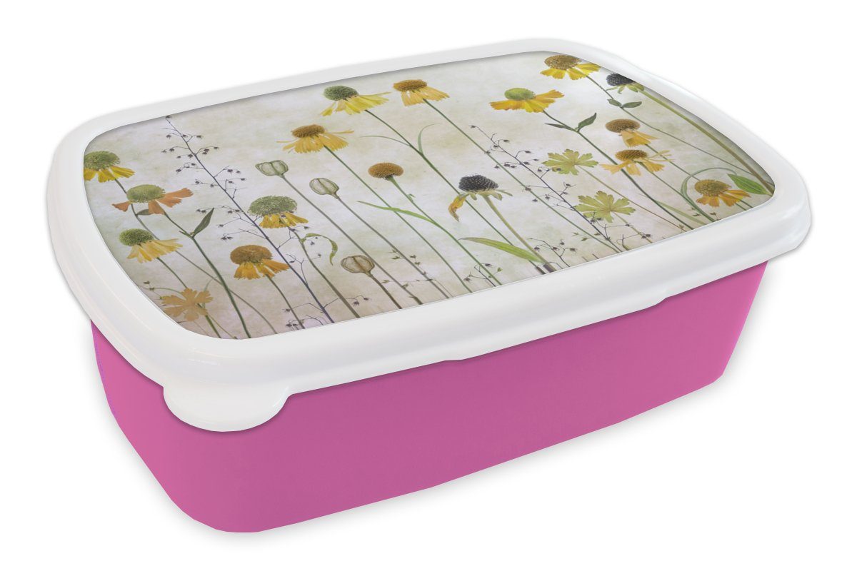 MuchoWow Lunchbox Stilleben - Ölfarbe - Pflanzen, Kunststoff, (2-tlg), Brotbox für Erwachsene, Brotdose Kinder, Snackbox, Mädchen, Kunststoff rosa