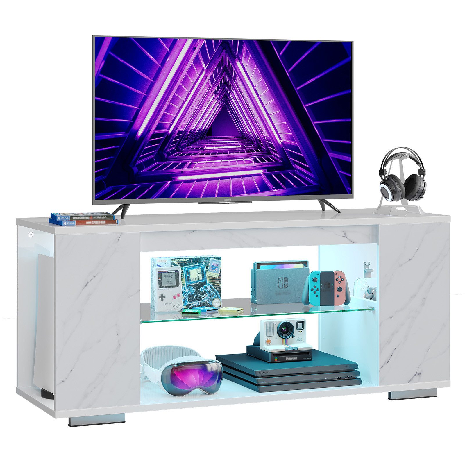 Pinmoco TV-Schrank tv lowboard, TV-Schrank mit 7 Lichtfarben, Stauraum, 120 cm lang