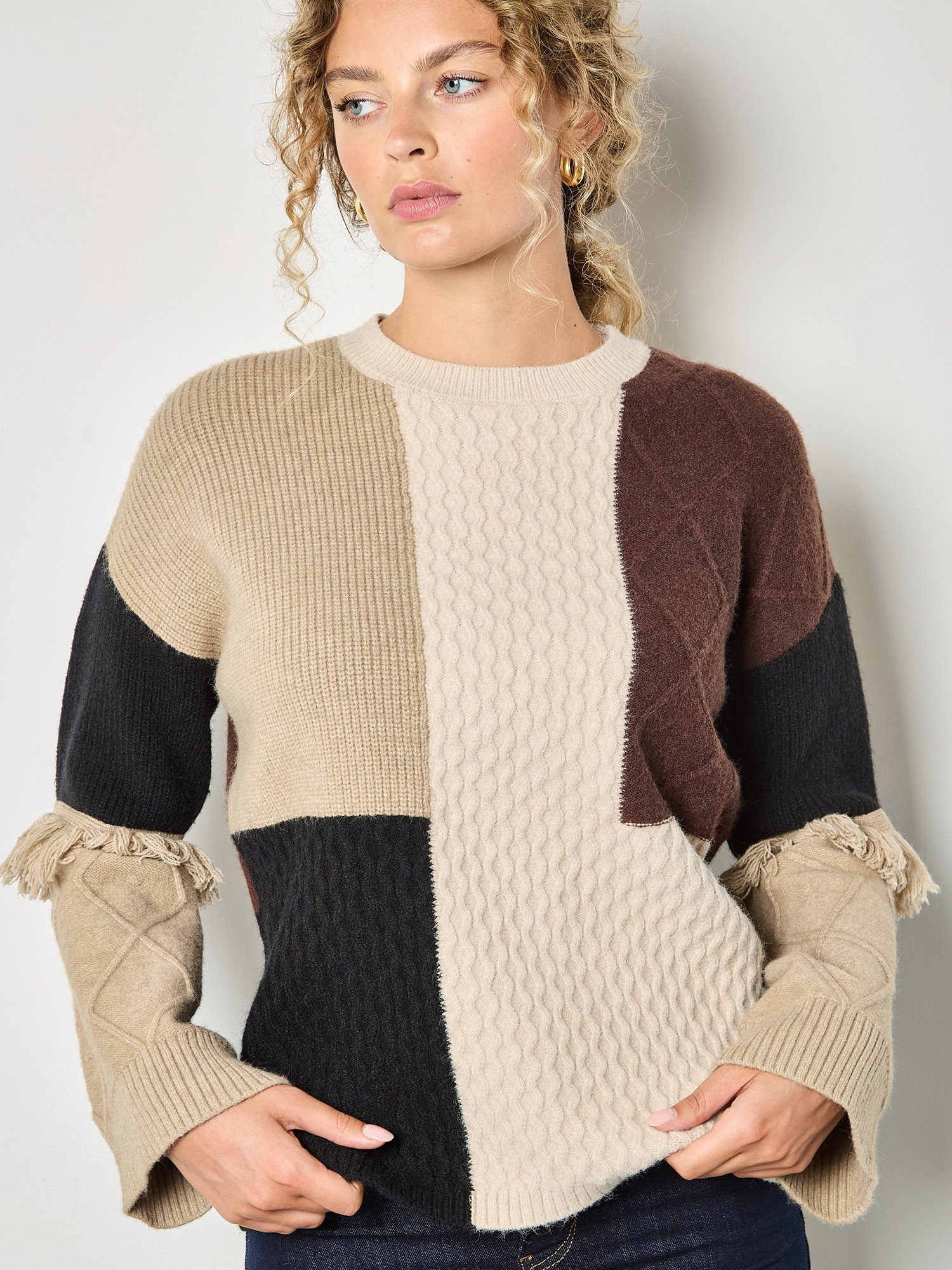 Apricot Strickpullover Patchworkpullover mit verschiedenen Strickmustern günstig online kaufen