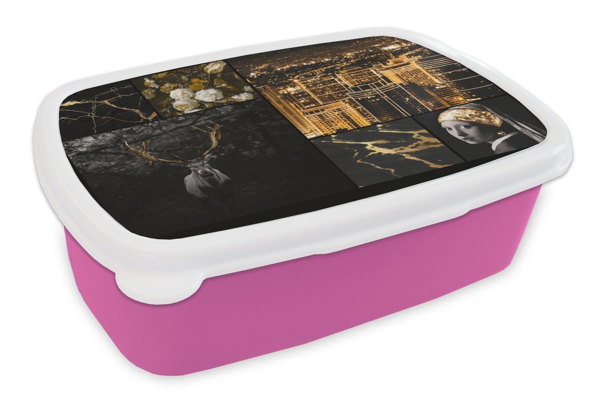 MuchoWow Lunchbox Collage - Mädchen rosa für Perlenohrring Brotdose Mädchen, Erwachsene, Brotbox Kunststoff, mit Snackbox, - Kinder, Kunststoff (2-tlg), Gold