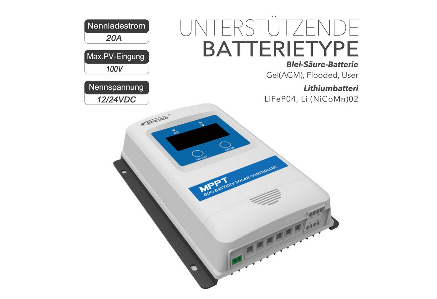 Thumbnail - enjoy solar Solarladeregler EPEVER® DuoRacer 1206N/2210N/3210N, Duo Batterie (10A-30A) 12/24VDC, zum gleichzeitigen Lade...