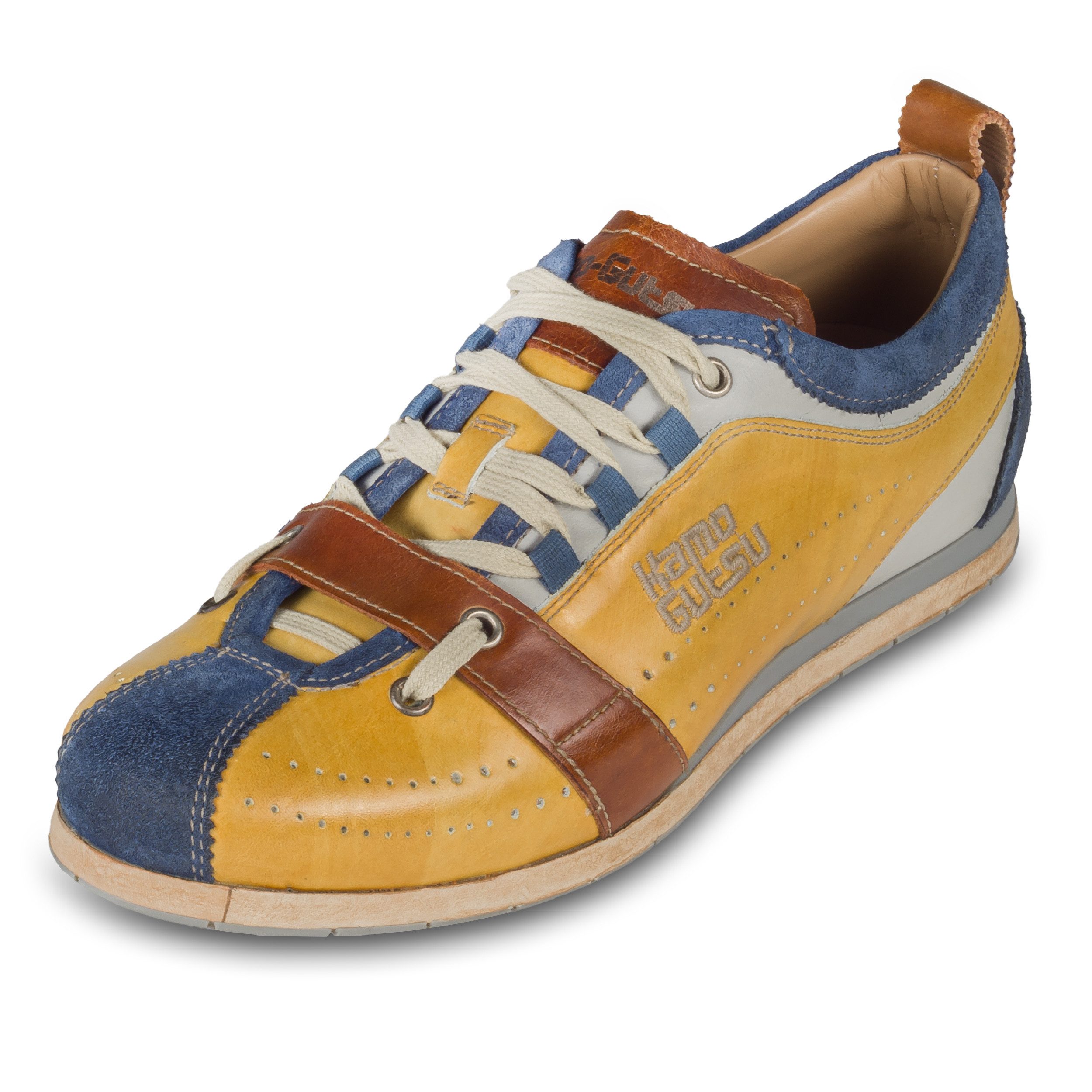 Kamo-Gutsu Herren Sneaker Leder gelb/blau (TIFO-017 cobalto ochre) stone washed Sneaker Handgefertigt in Italien
