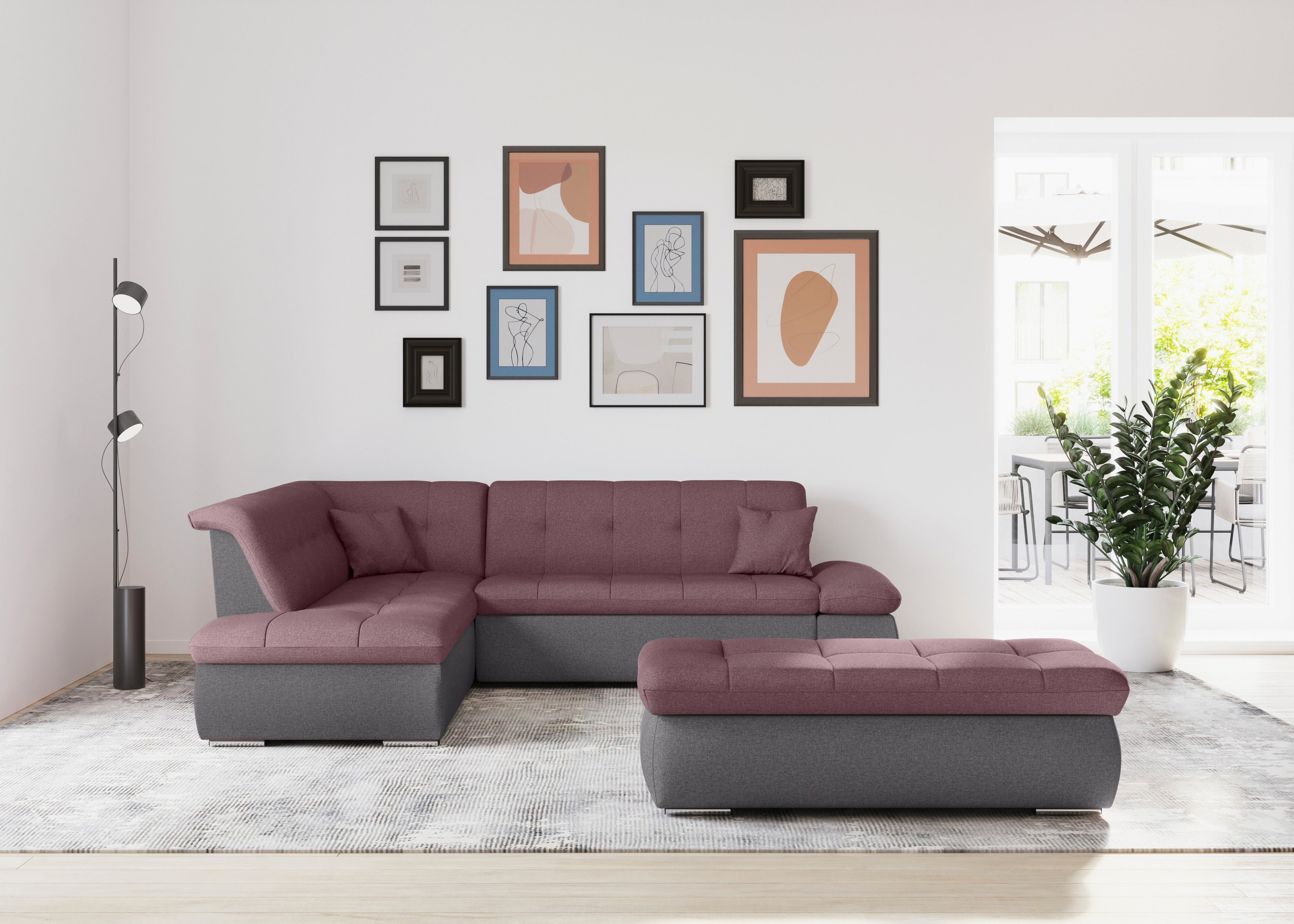 DOMO collection Ecksofa Moric, wahlweise mit Bettfunktion und Armlehnenverstellung grau/beere | beere | grau | Ecksofas