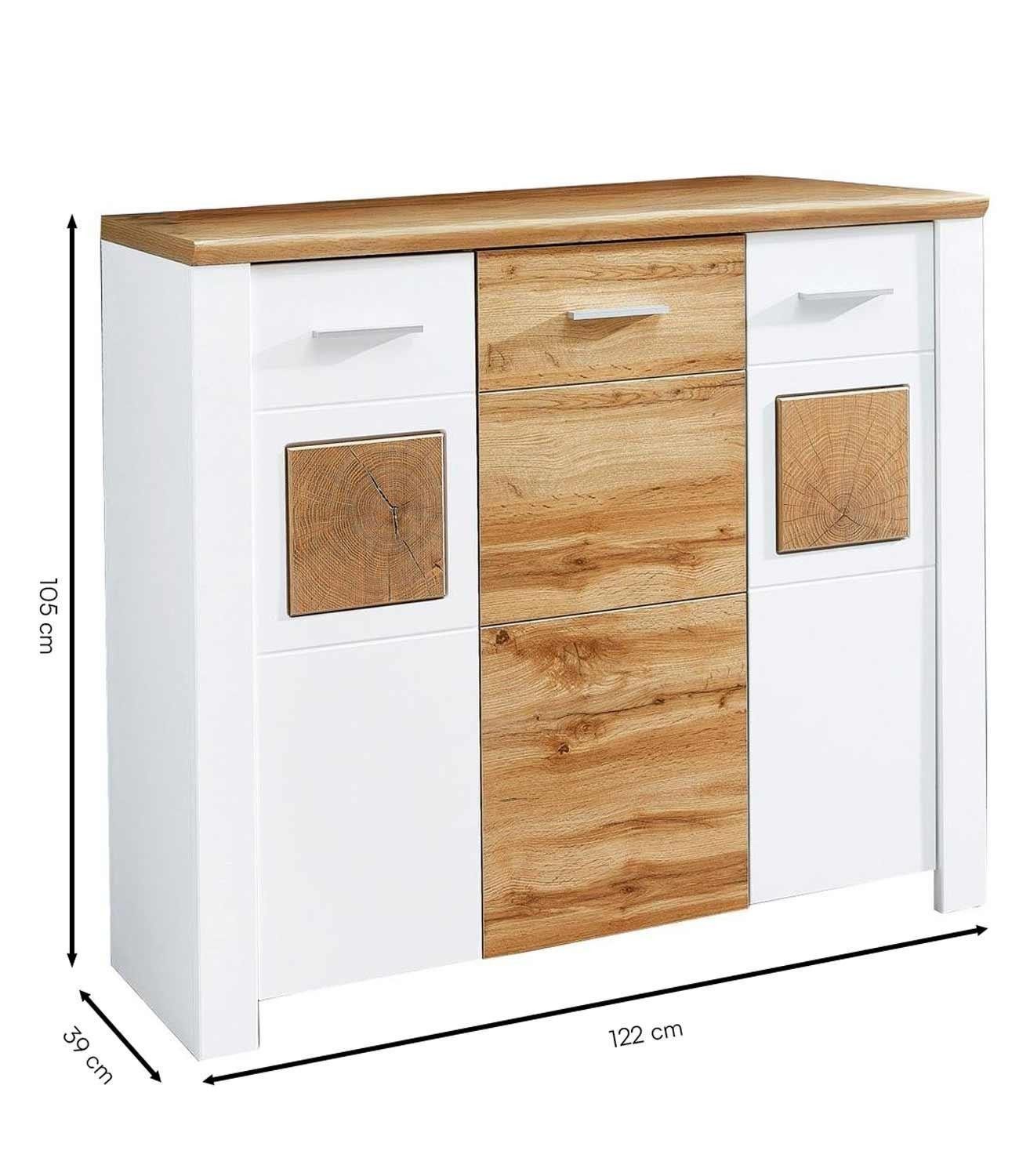 Vito Kommode MATERIO, B 122 x H 105 cm, Weiß matt, Eiche Altholz Dekor, 3 Türen