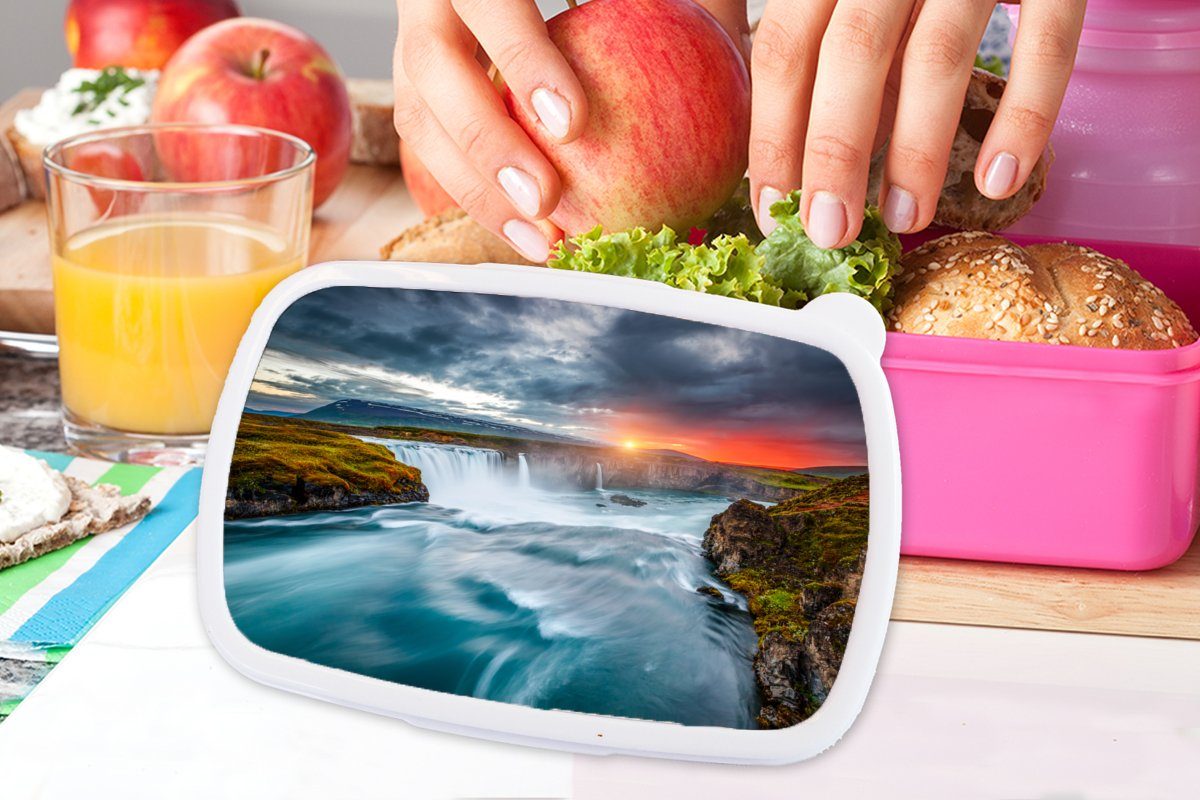 MuchoWow Lunchbox Wasserfall - Wasser, Natur Erwachsene, Kunststoff, - für Sonnenuntergang Snackbox, Kunststoff Brotdose Brotbox Kinder, (2-tlg), - rosa Mädchen