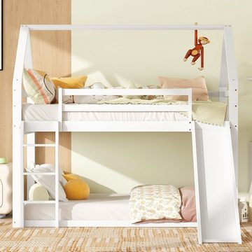 Flieks Etagenbett (mit rechtwinkliger Leiter und Rutsche), Hochbett Kiefernholz Kinderbett mit oberem Lattenrost 90*200cm