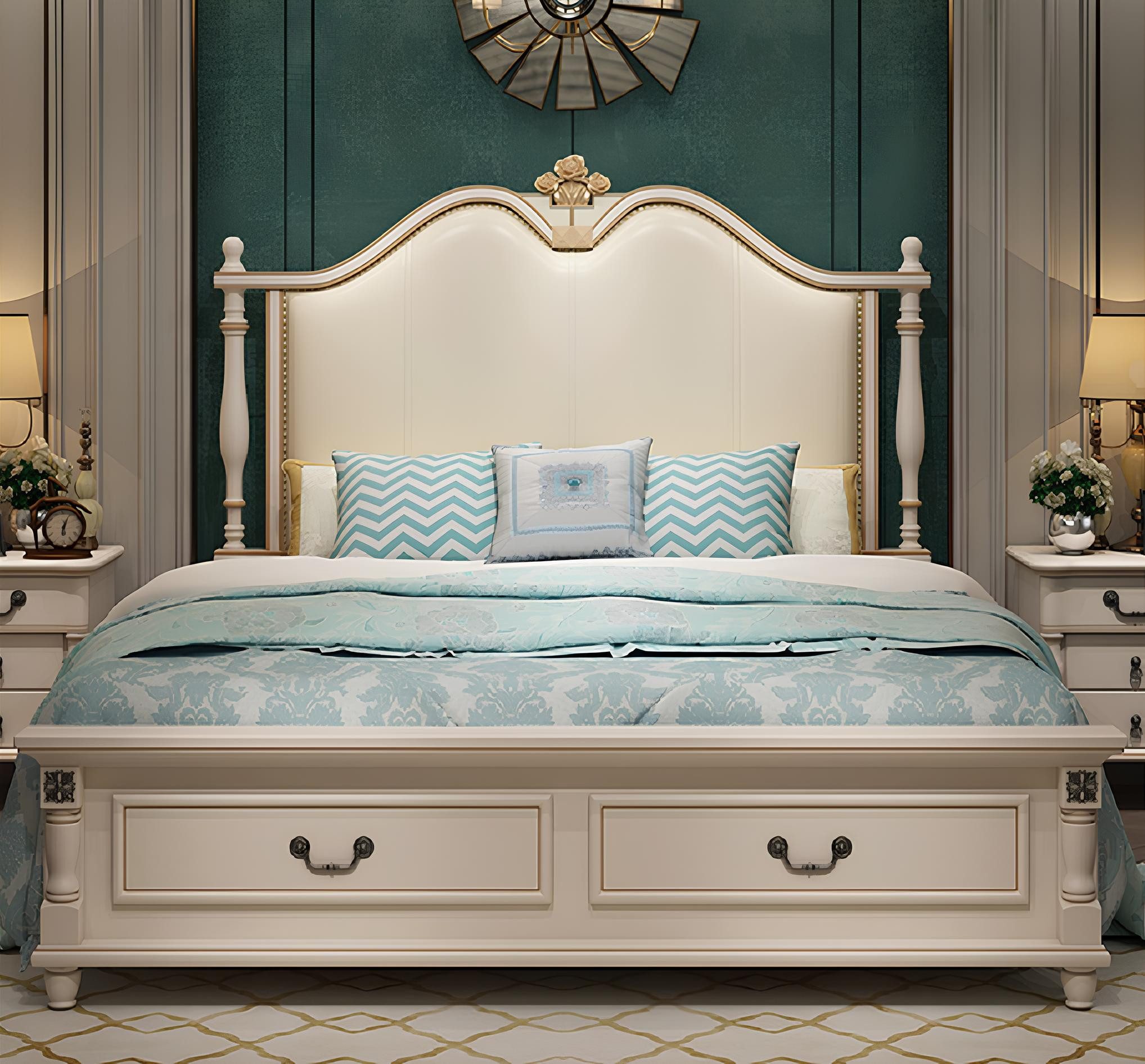 JVmoebel Polsterbett Beige Barock Doppelbett aus Holz mit gepolstertem Rahmen, Made in Europa