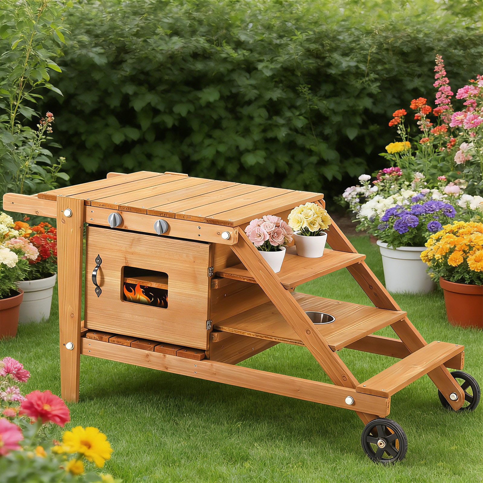 Flieks Outdoor-Spielküche Massivholz, Kinderküche mit Rollen Matschküche Küchenset mit Zubehör 132x59x60.5cm