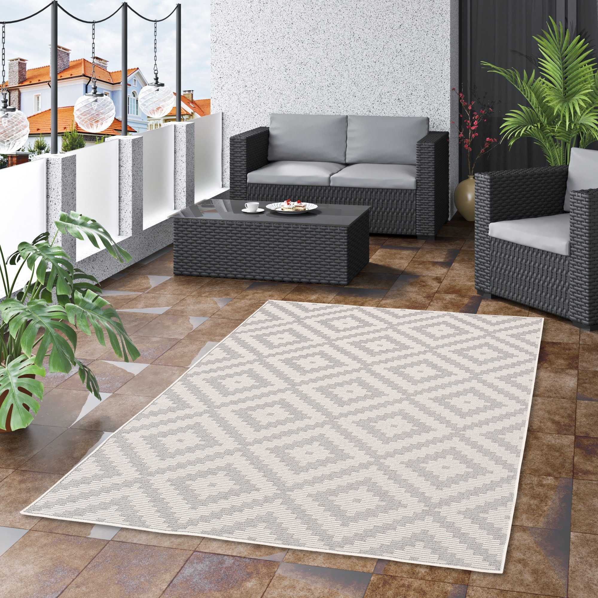 Pergamon Outdoorteppich In & Outdoor Teppich Marbella Fliesenoptik, Rechteckig, Höhe: 4 mm